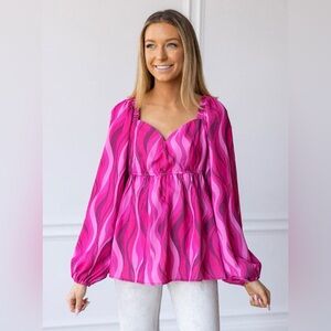 Flirty in Fuchsia Balloon-Sleeve Blouse: Fuchsia / 2X-Large New